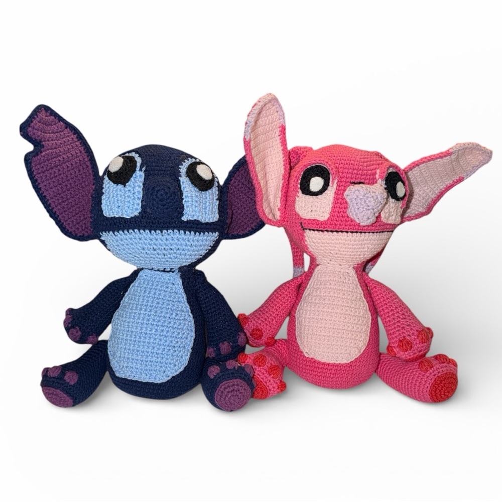 Hand Crafted Crochet Stitch & Angel Plush Toys 11” Disney Set Blue Purple Pink